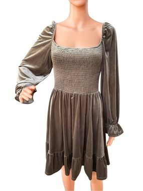 Velvet Smocked Long-Sleeve Mini Dress - Taupe